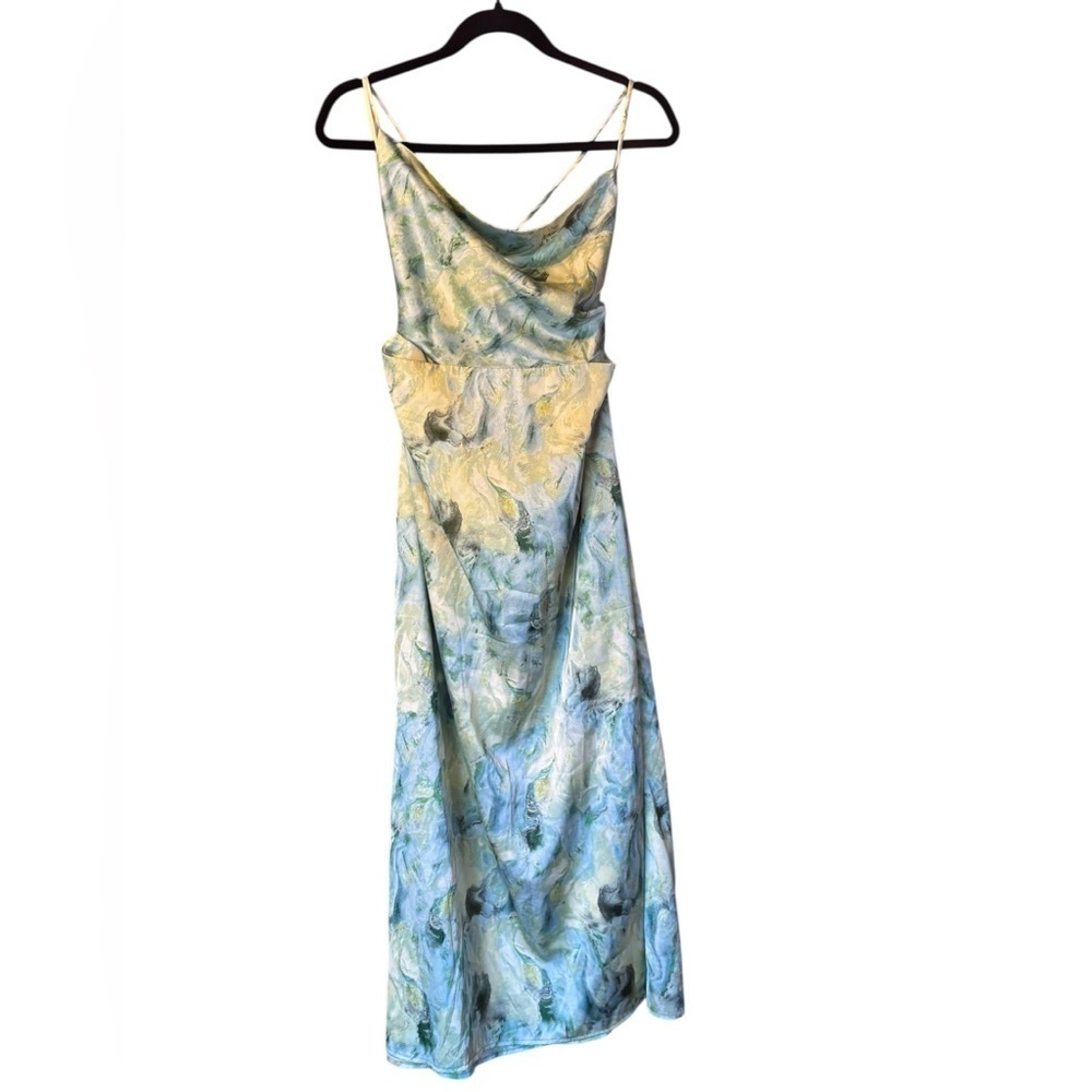 Vici Green Satin Printed Satin Cut Out Maxi Tie Back Midi Formal Dress Large